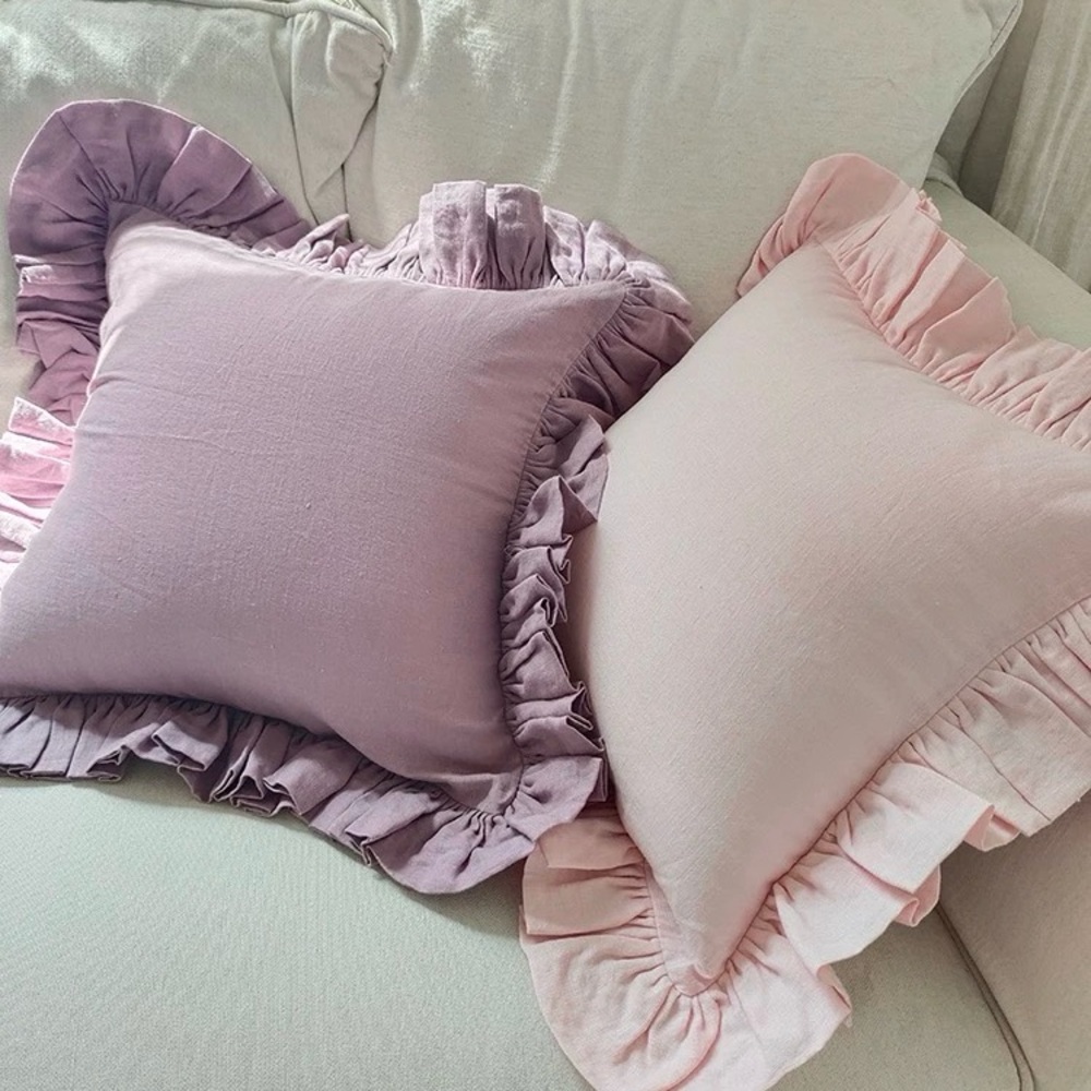 Hand Made Chic Ruffled 100% Linen Throw Pillow Cases Bohemian Cottage